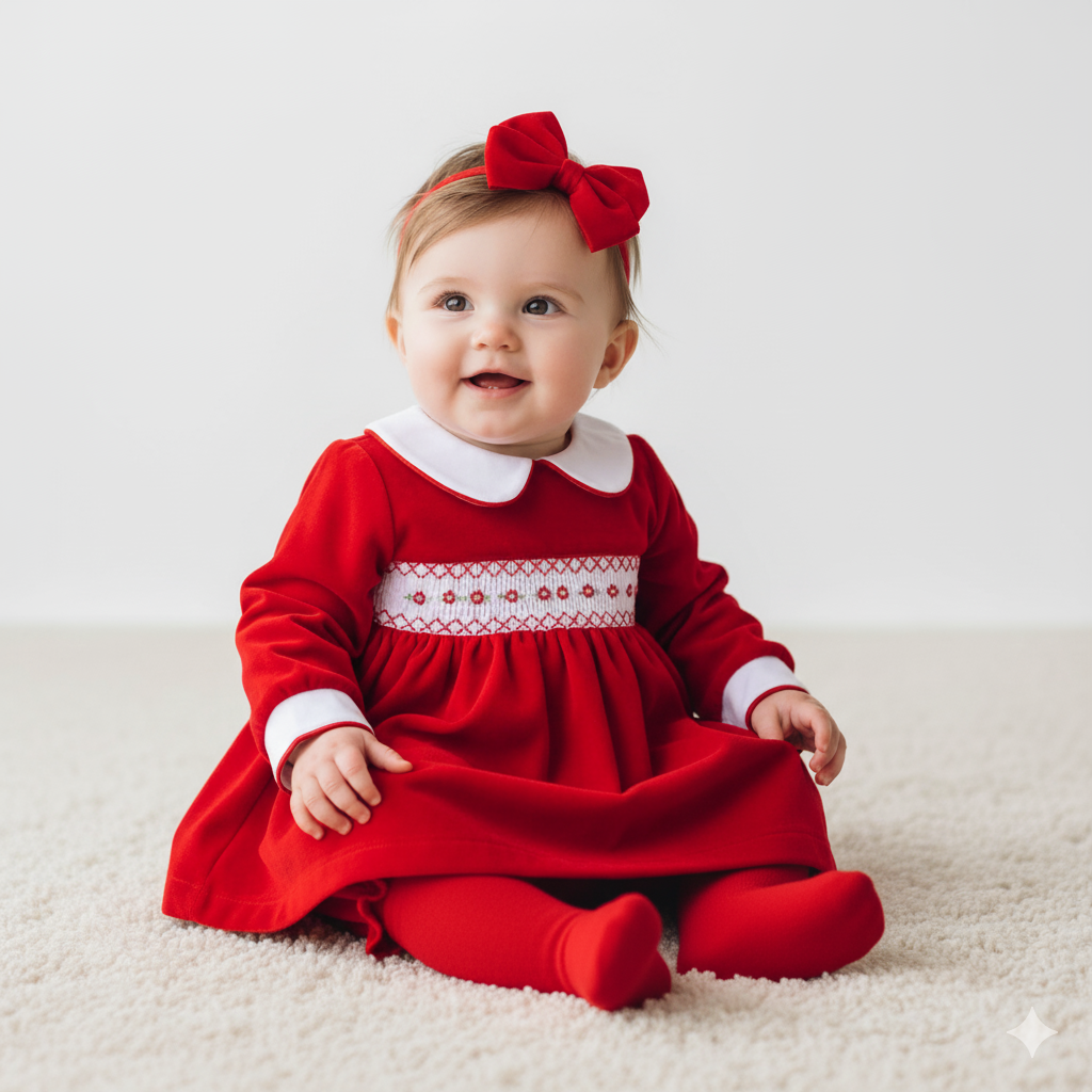 Wee mee baby girls red smocked dress