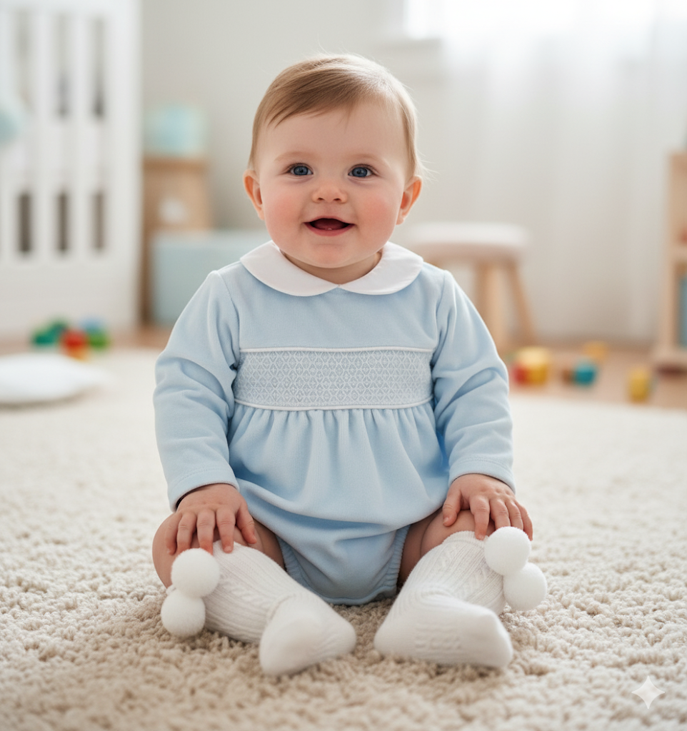 Blue velour smocked romper
