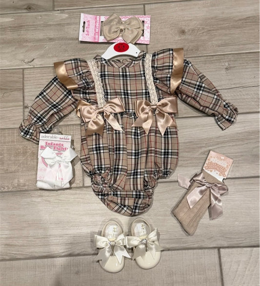 Baby girls camel tartan romper