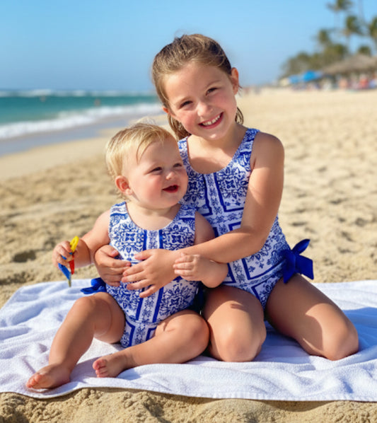 Girls Santorini print swim suit