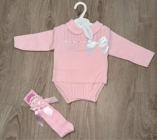 Baby girls pink knitted jam pant set with bow