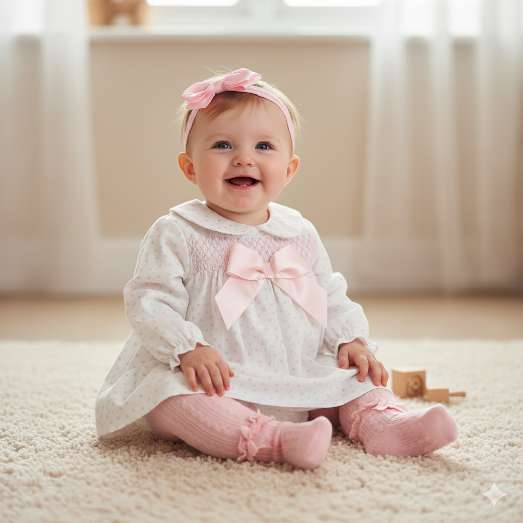 Wee mee white/ pink smocked aline dress and pants set