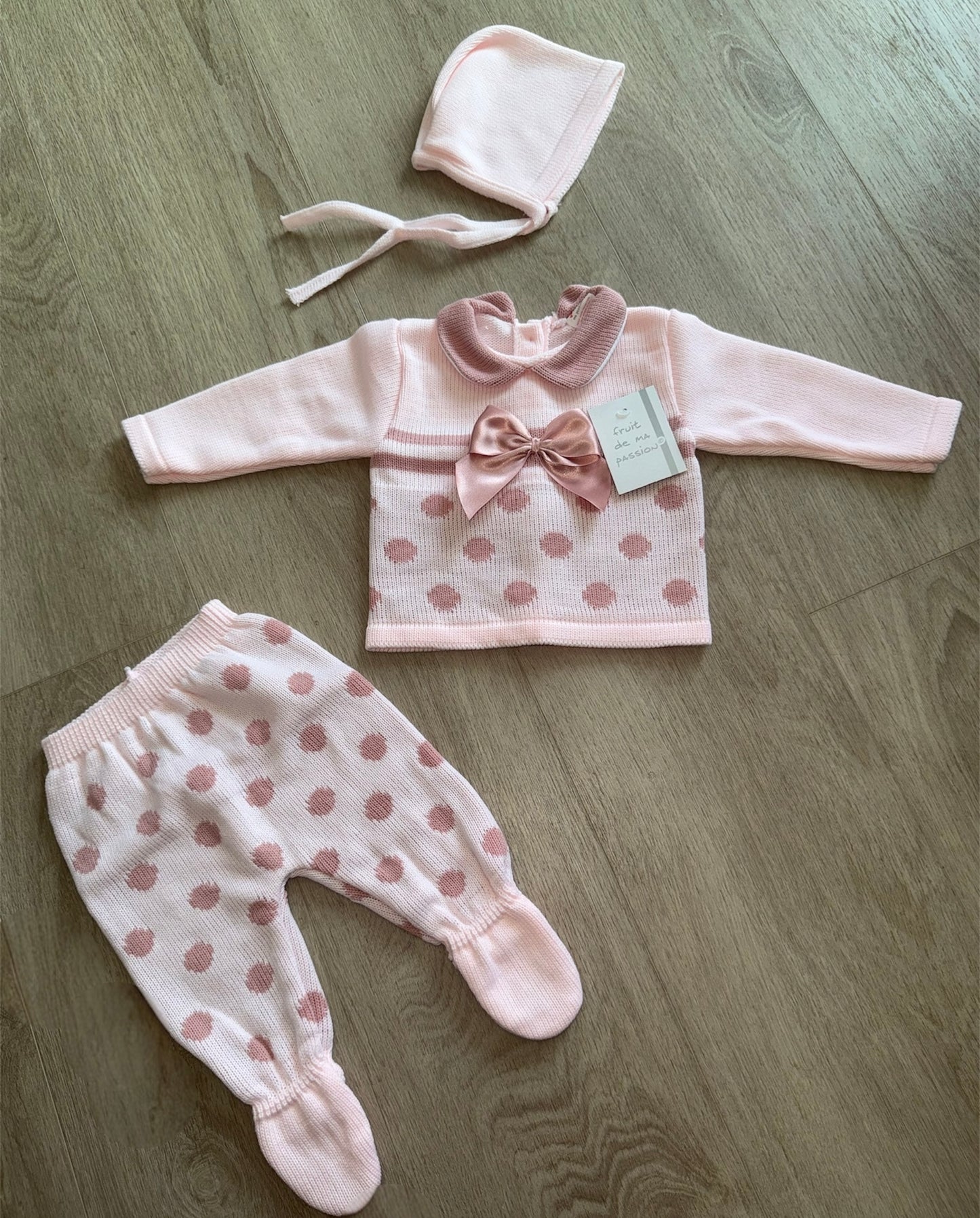 Baby girls pink polka dot knitted 3 piece set