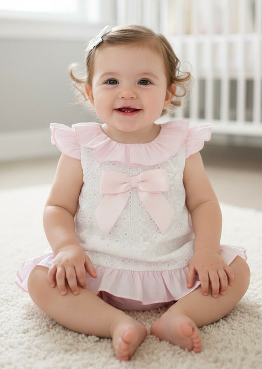 Baby girls white and pink Aline dress and pants with open back