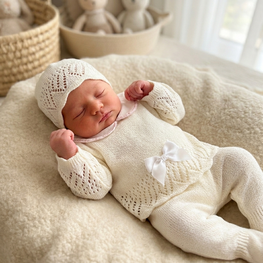 Cream baby knitted 3 peice set
