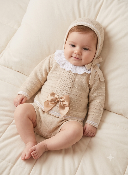 Baby girls camel knitted jam set with bonnet