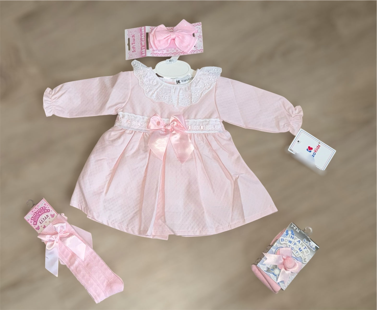 Baby girls pink frill collar bow dress