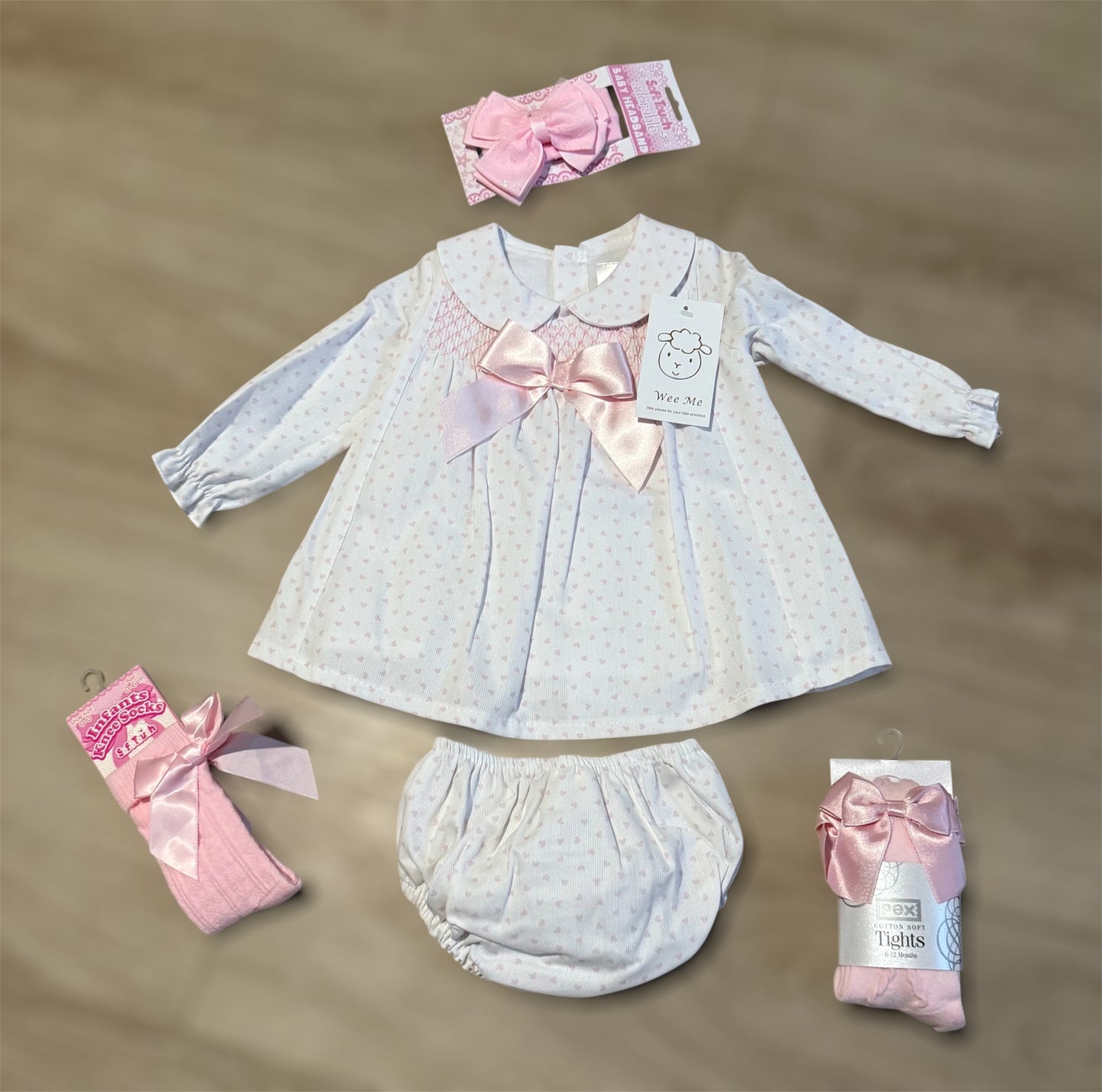 Wee mee white/ pink smocked aline dress and pants set