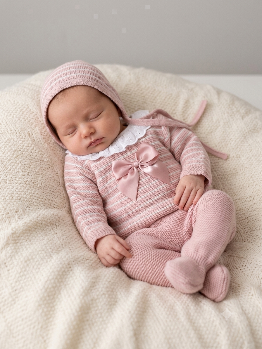 Baby girls pink stripe knitted 3 peice set