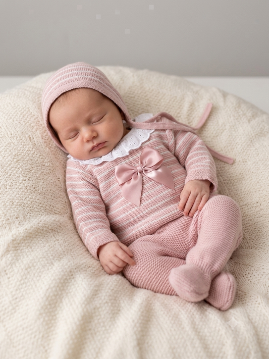 Baby girls pink stripe knitted 3 peice set