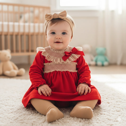 Baby girls red and camel smocked frill dress