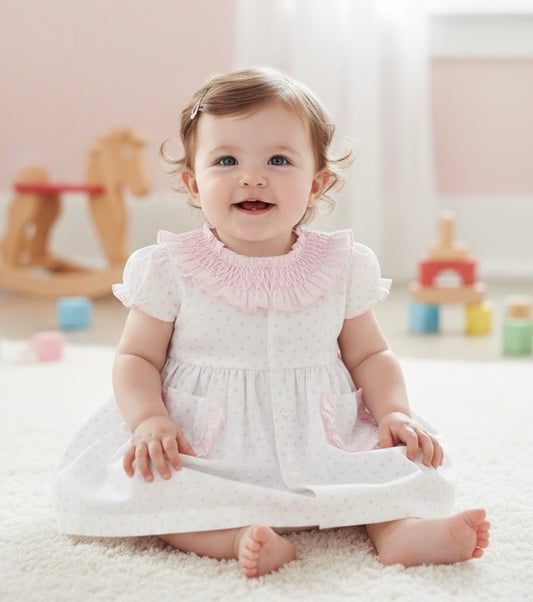Baby girls white and pink heart print smocked collar dress