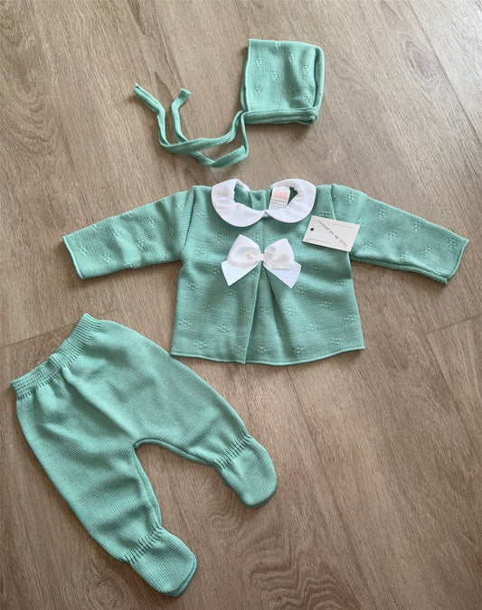 Baby girls mint and white knitted 3 piece set