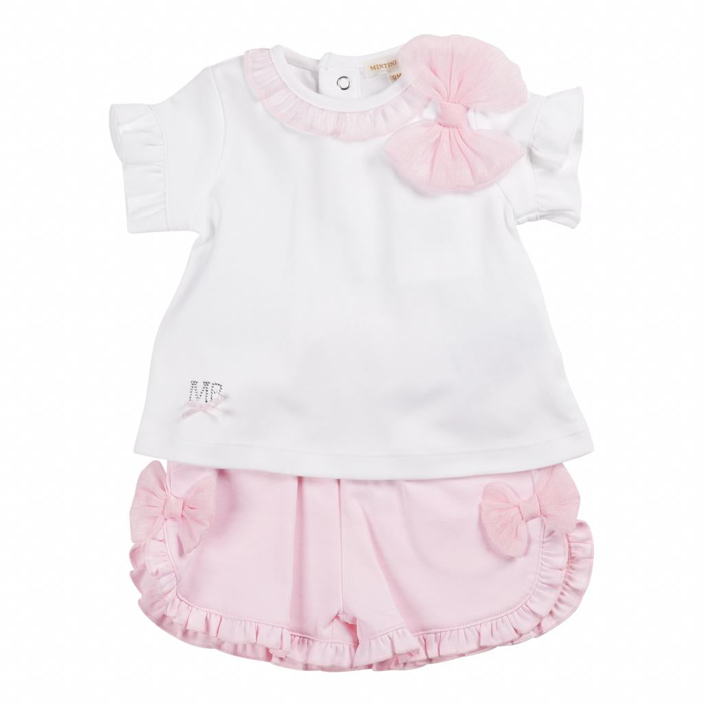 Baby girls white and pink bow short set