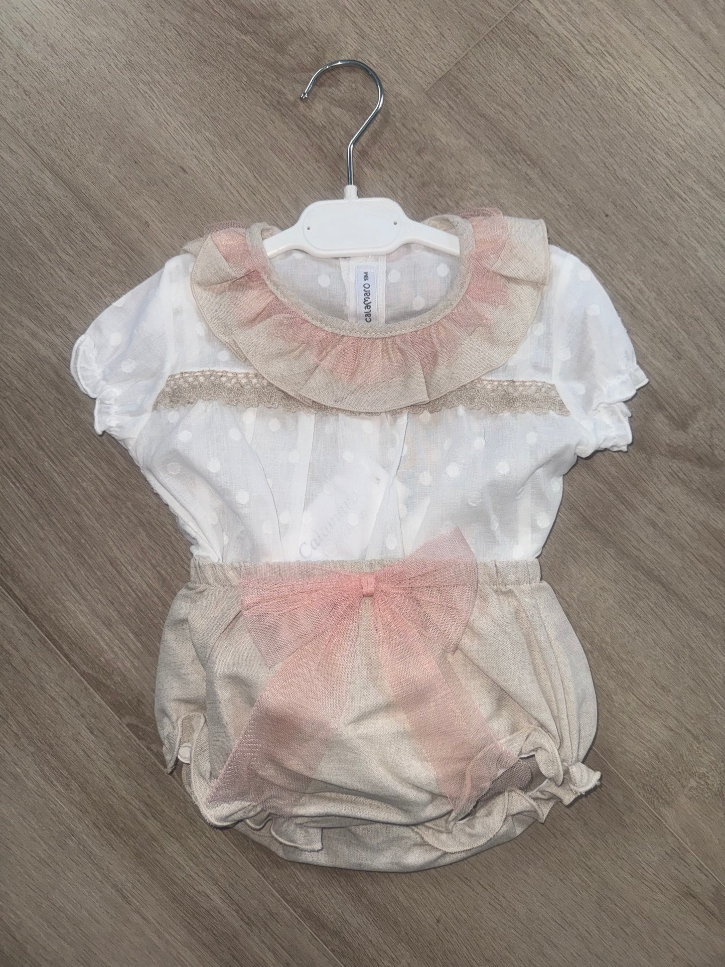 Baby girls pink and beige jam pants set with bow