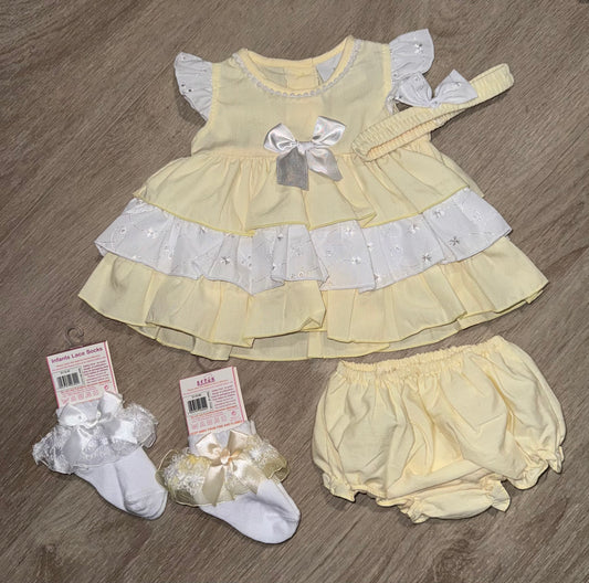 Lemon and white frilly dress, pants & head band set