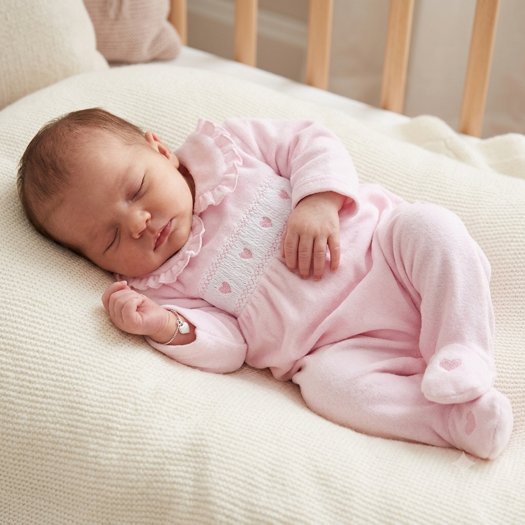 Baby girls pink frill collar heart print smocked slepepsuit