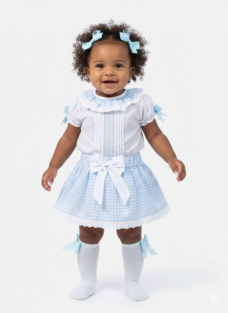 Blue and white gingham skirt set