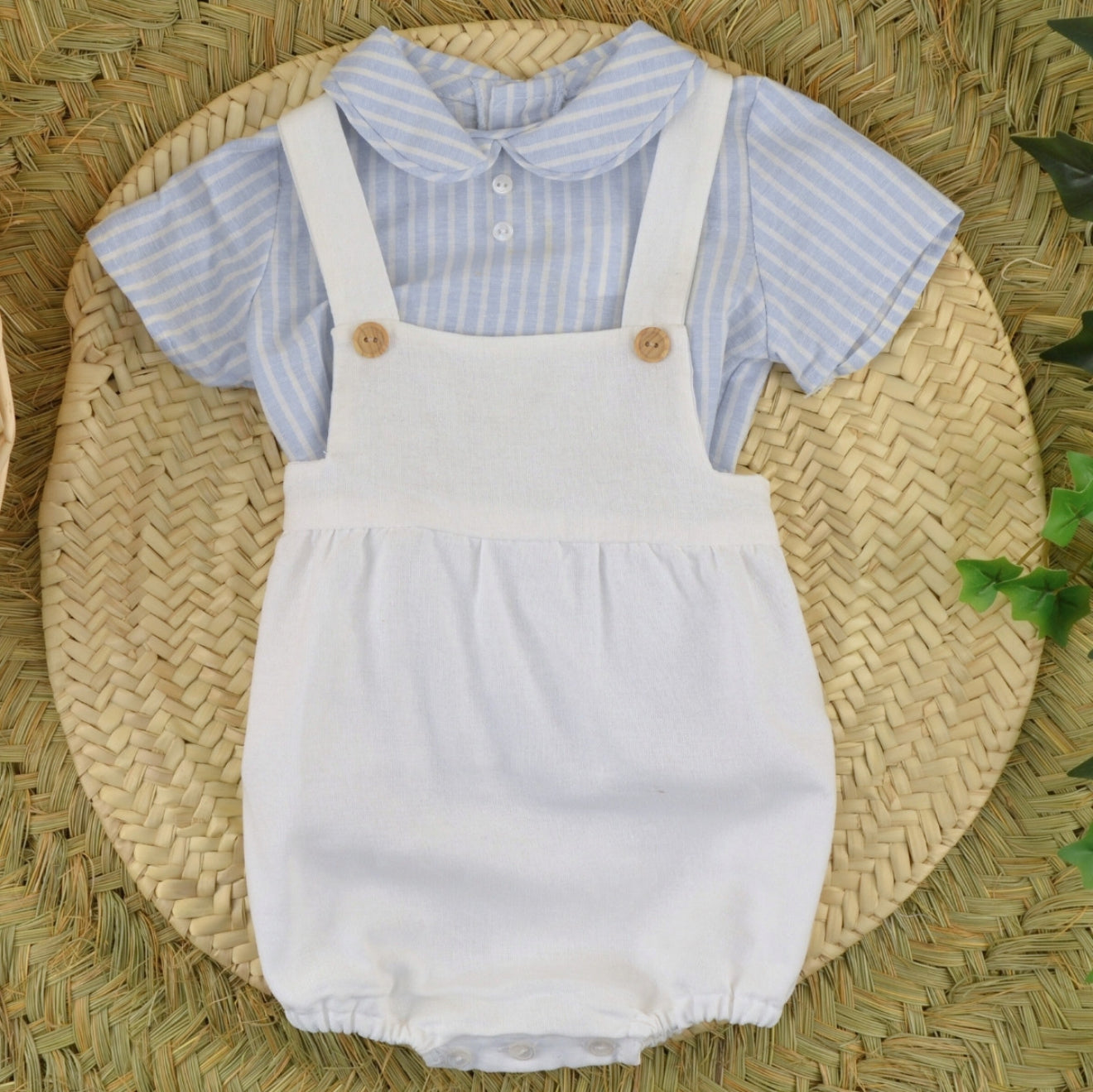 Baby boys white and blue stripe romper set