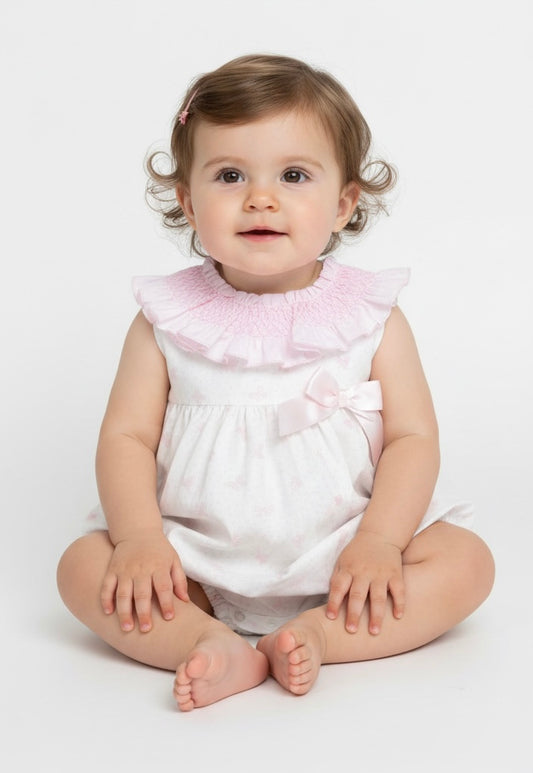 Baby girls white and pink bow print romper with smocked collar