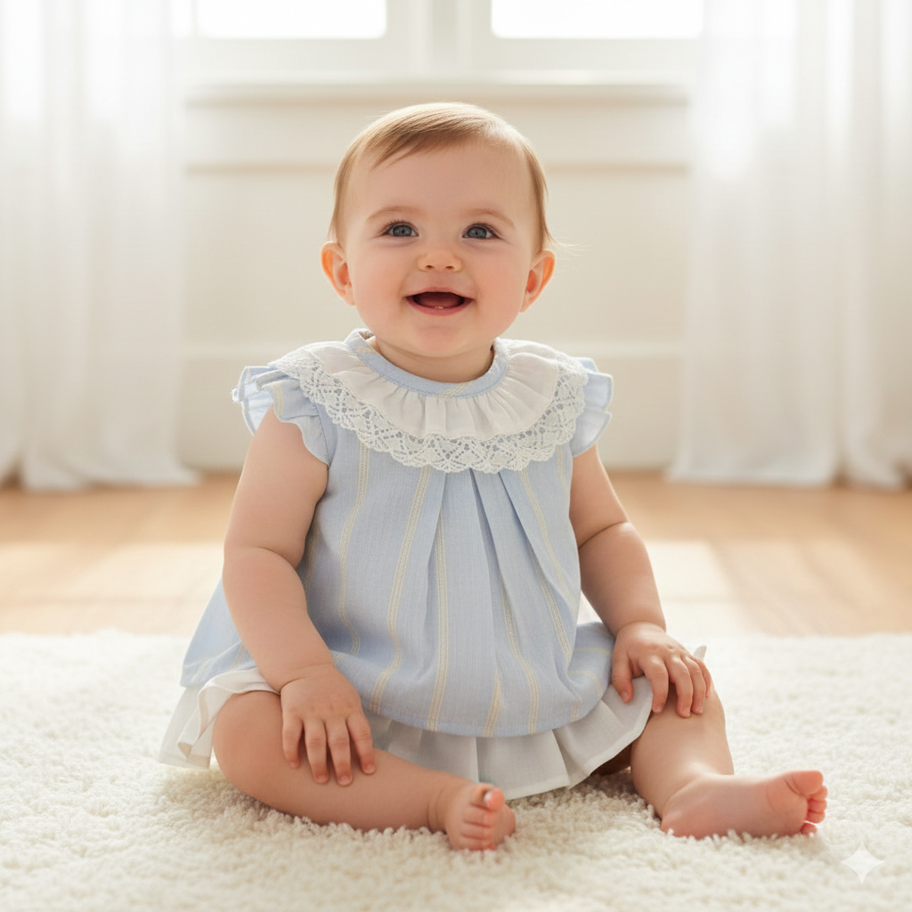 Baby girls blue and beige dress and pants set