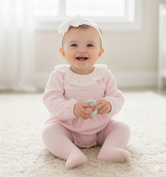 Pink velour smocked romper