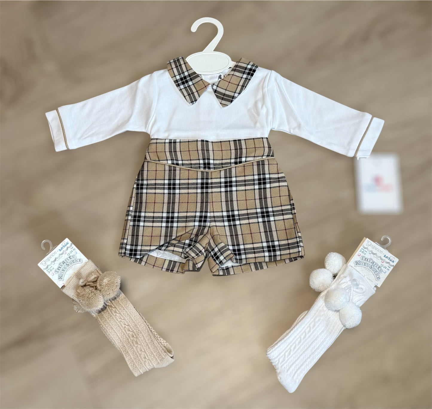 Baby boys camel tartan short set