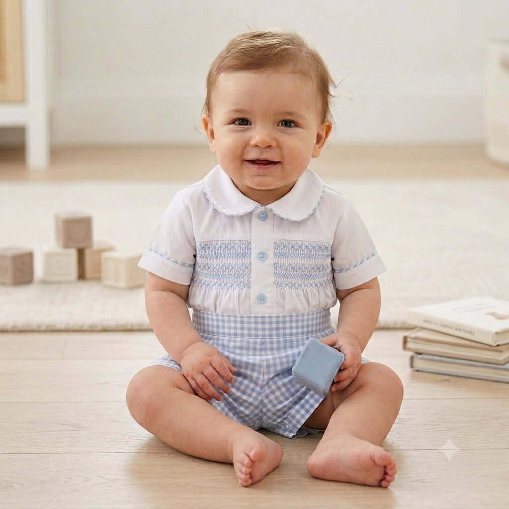 Baby boys blue and white checked short set