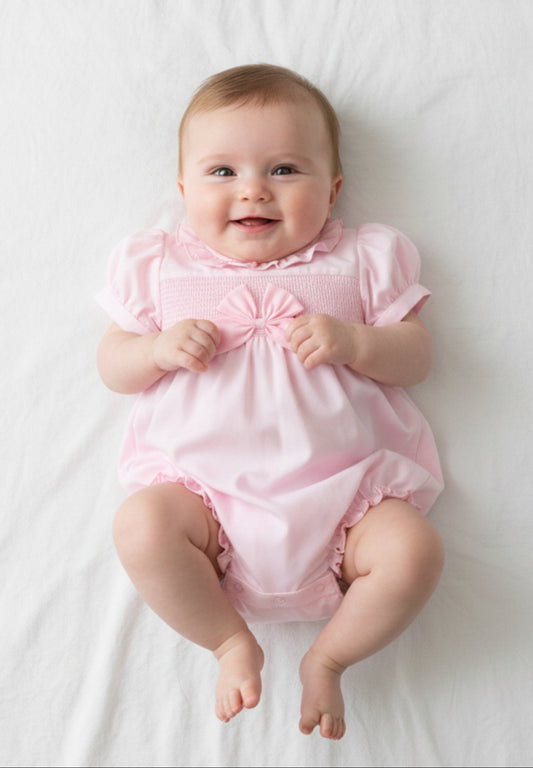 Baby girls pink smocked romper with bow