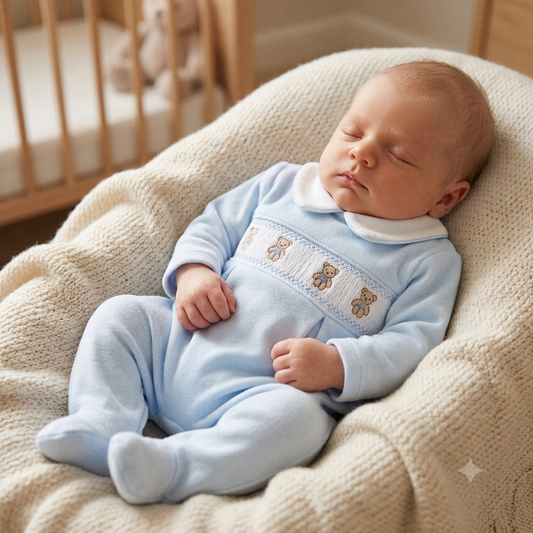Baby boys blue velour teddy print sleep suit
