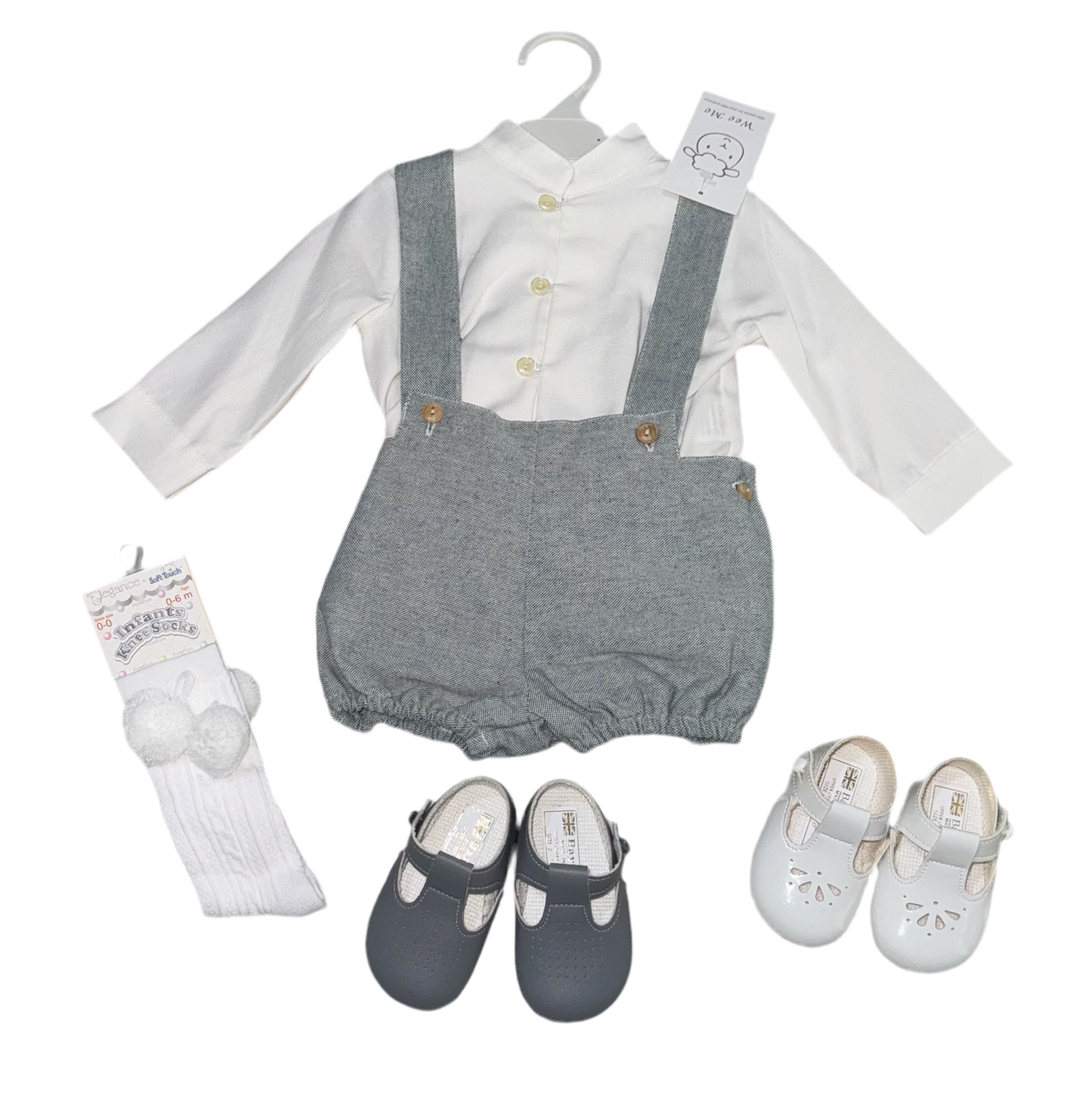 Baby boys grey romper with braces and white shirt