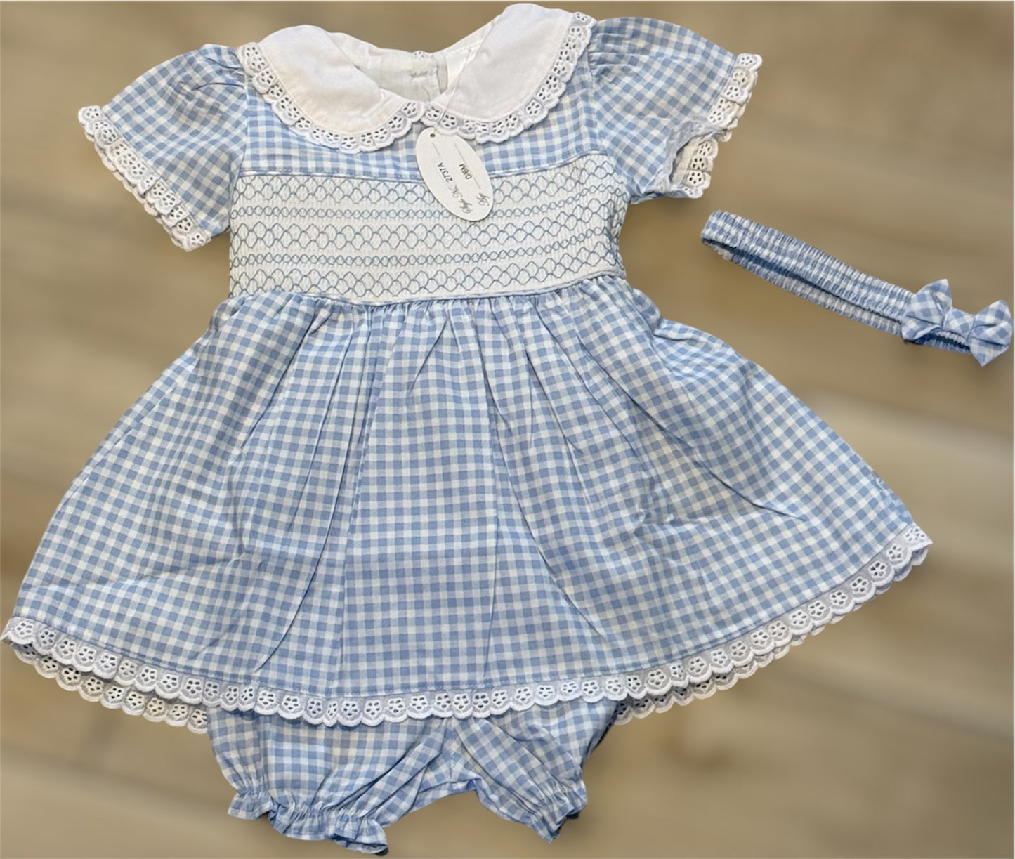 Girls blue and white checked smocked dress set