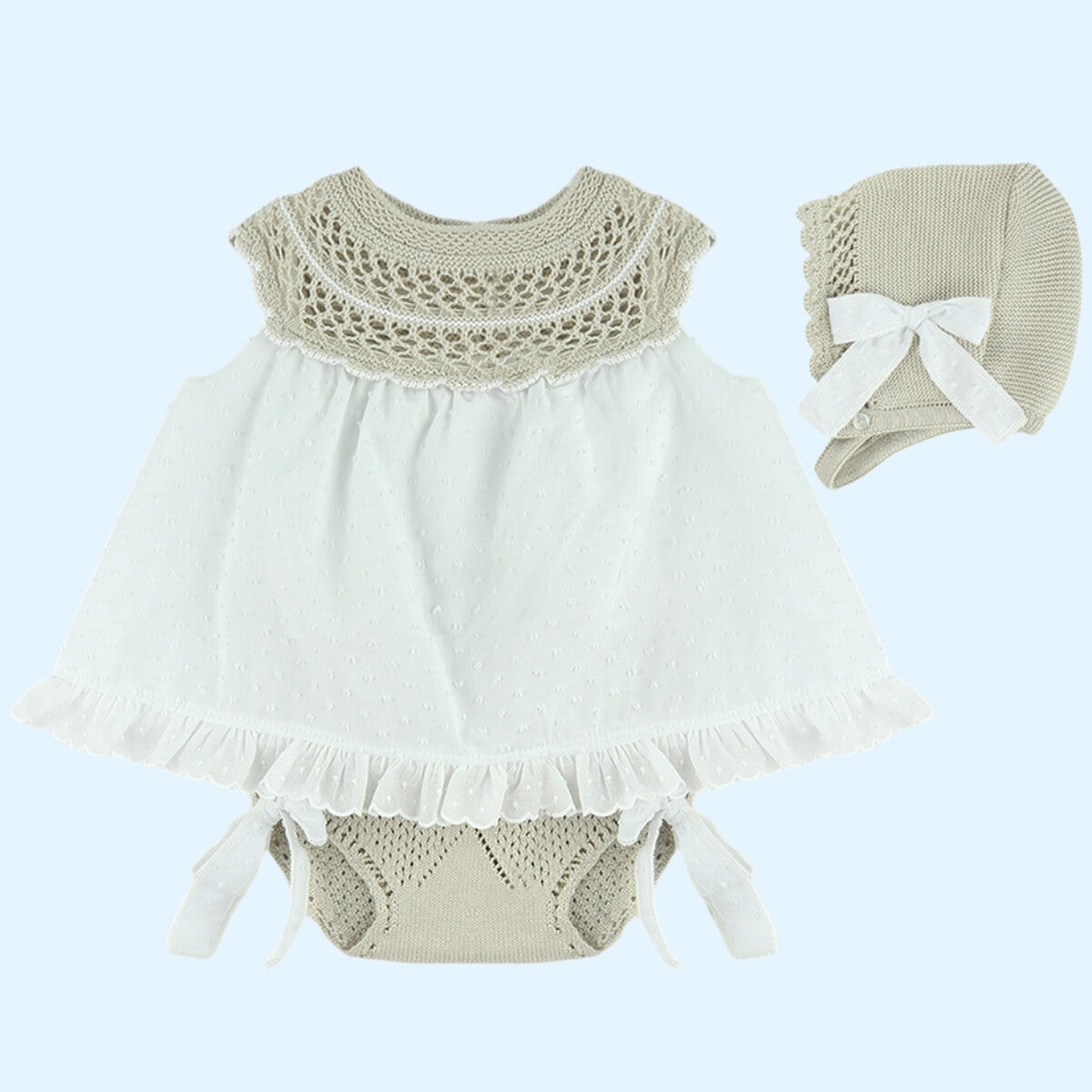 Baby girls beige 3 piece dress, pants and bonnet set
