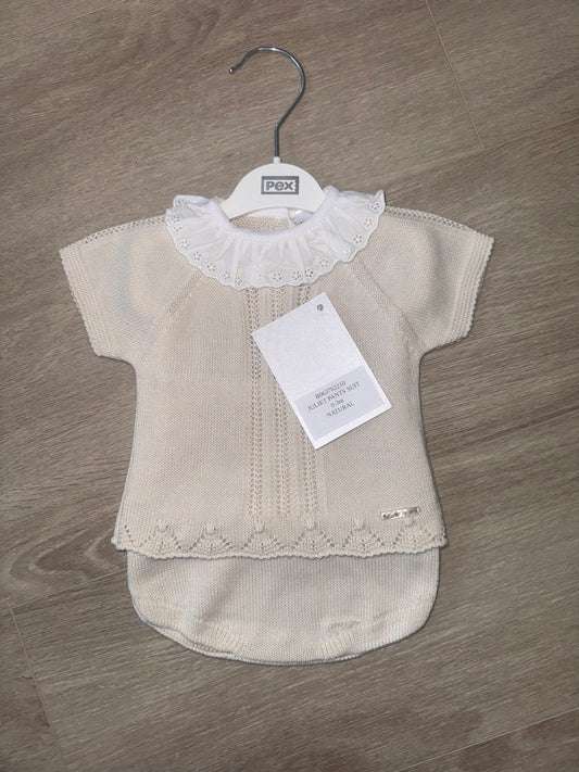 Baby girls fine knit camel jam pant set with lace collar