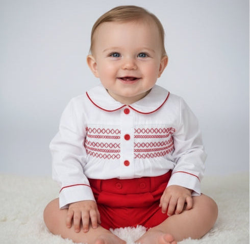 Boys red and white smocked short set with dicky bow