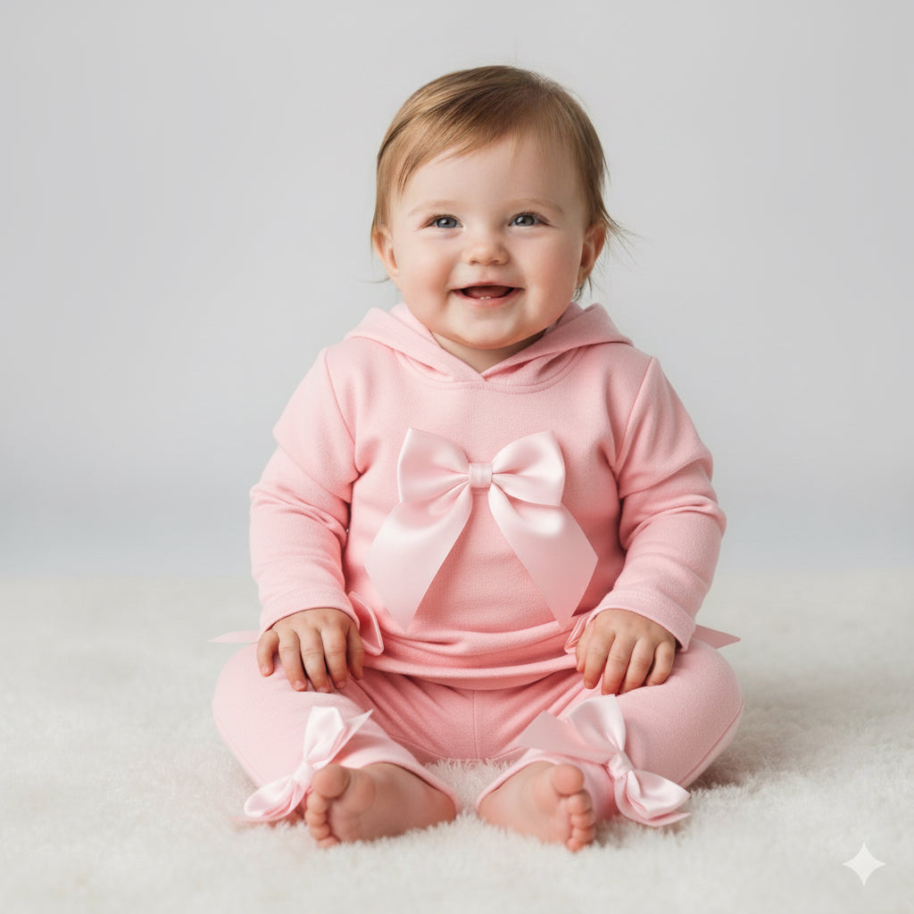 Baby girls pink tracksuit set with hood and bows