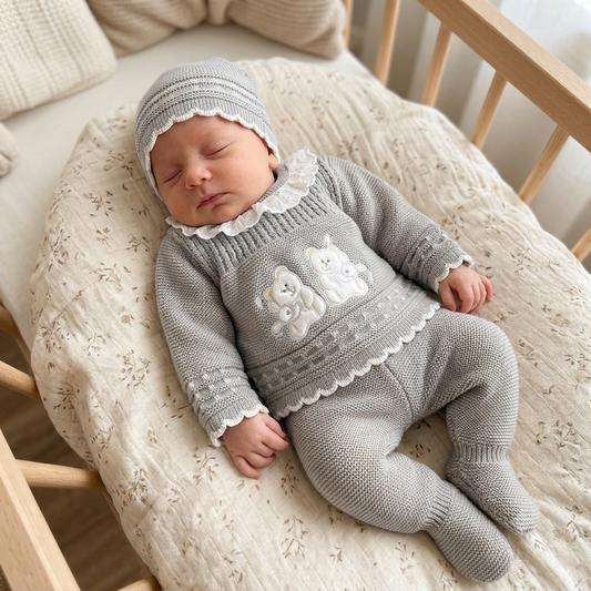 Grey teddy bear knitted 3 piece set