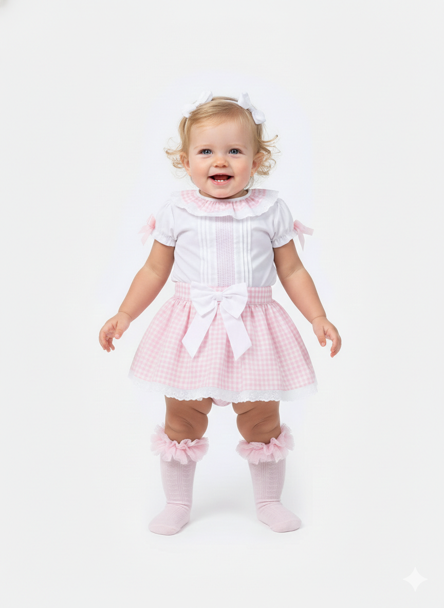 Pink and white gingham skirt set