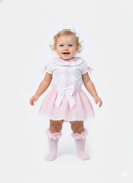 Pink and white gingham skirt set