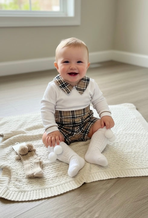 Baby boys camel tartan short set
