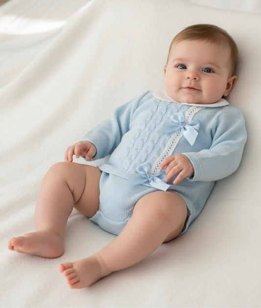 Blue knitted double bow jam pant set