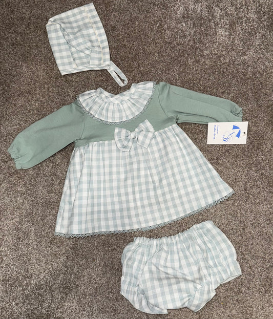 Baby girls sage green gingham 3 piece dress set