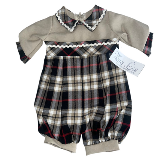 Baby boys beige tartan romper