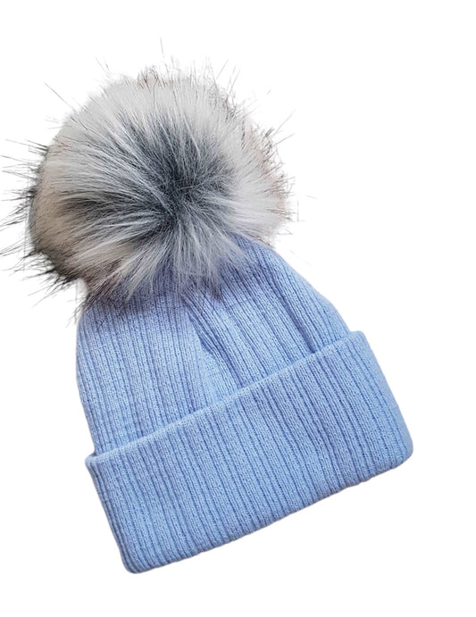 Baby boys blue pom Pom hat with fur