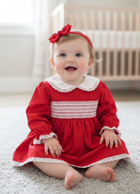 Girls red and white smocked dress and head band set