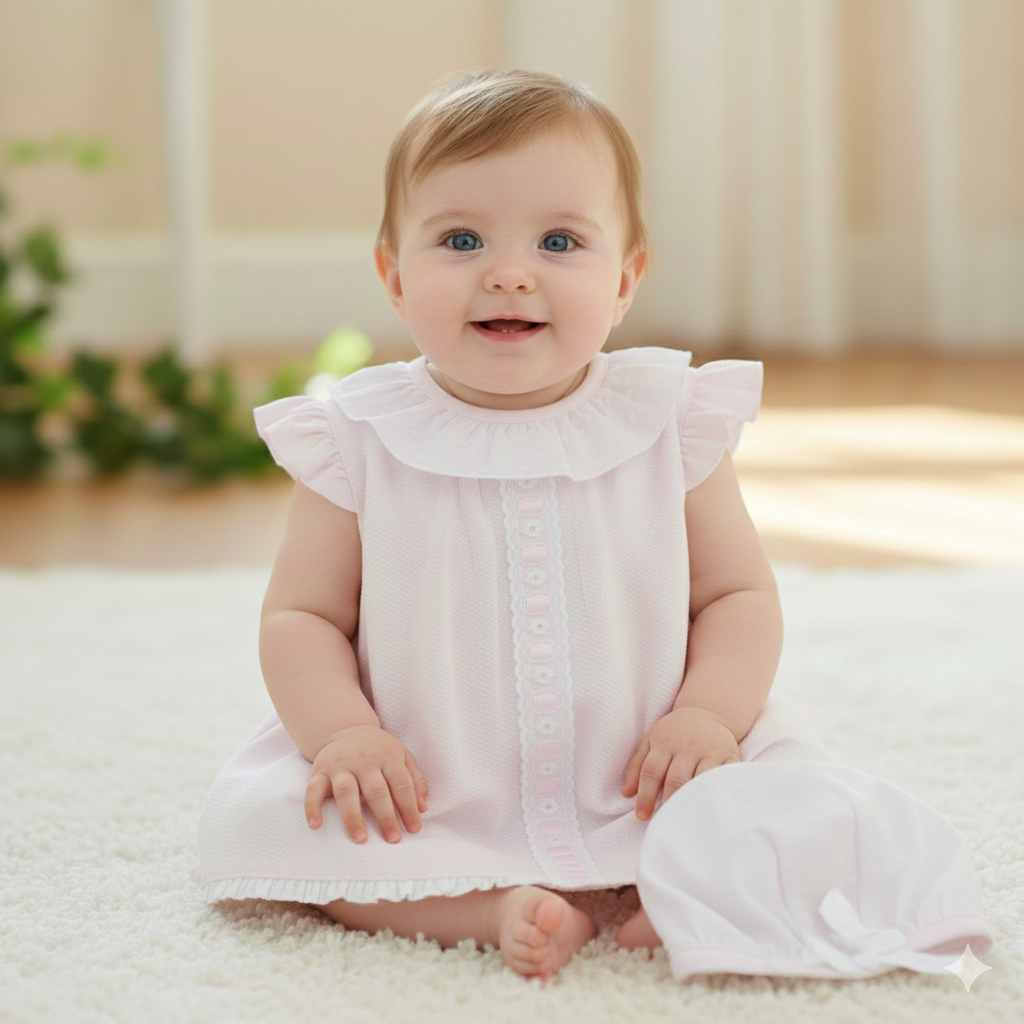 Baby girls baby pink aline dress, pants and bonnet set