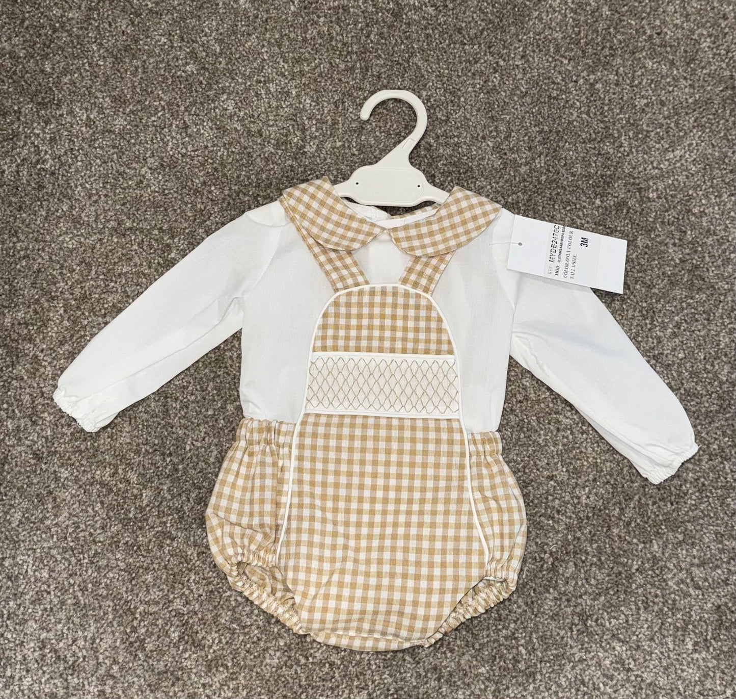 Baby boys camel checked smocked romper set