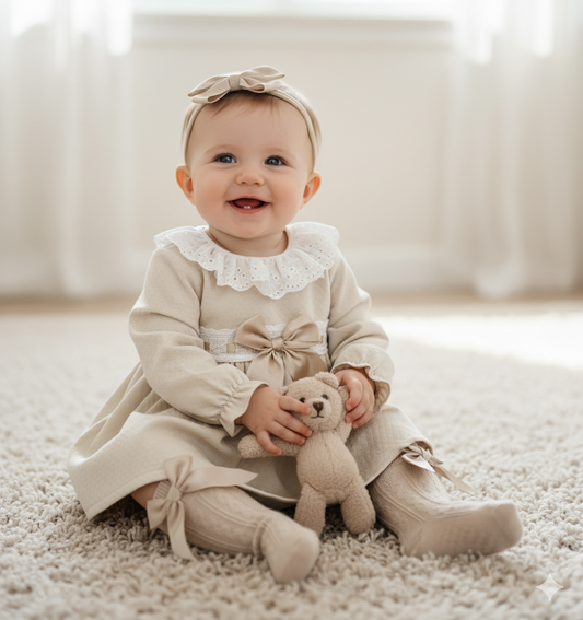 Baby girls camel frill collar bow dress