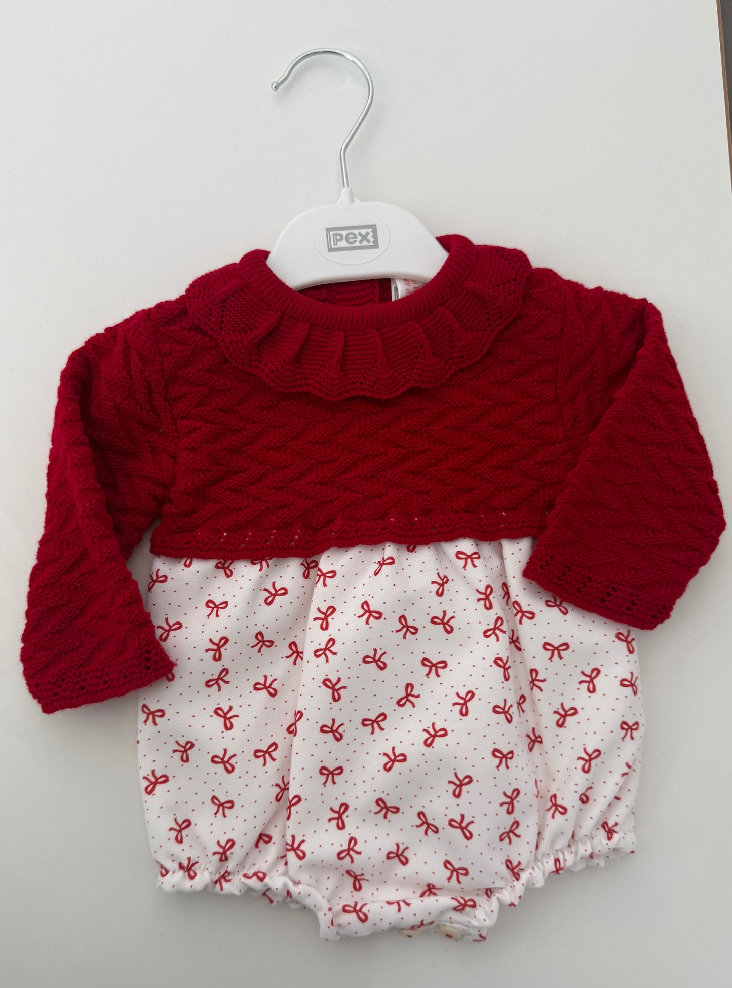 Sample - Red knit romper with bow print