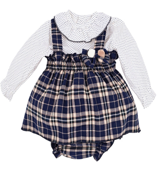 Girls navy tartan dress and pants